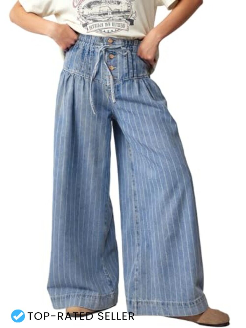 CHARTOU Baggy Wide Leg Denim Jeans Drawstring Flare Pants for Women, Cotton,